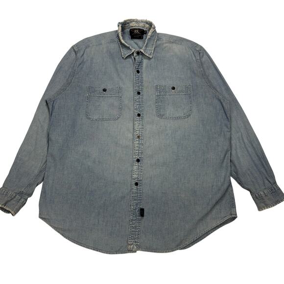 RRL Double RL Ralph Lauren Chambray Work Shirt Button Up Distressed XL - Picture 1 of 13